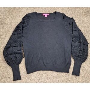 Lilly Pulitzer Lanetta Sweater Black Pompom Ribbed Long Sleeve Size Large
